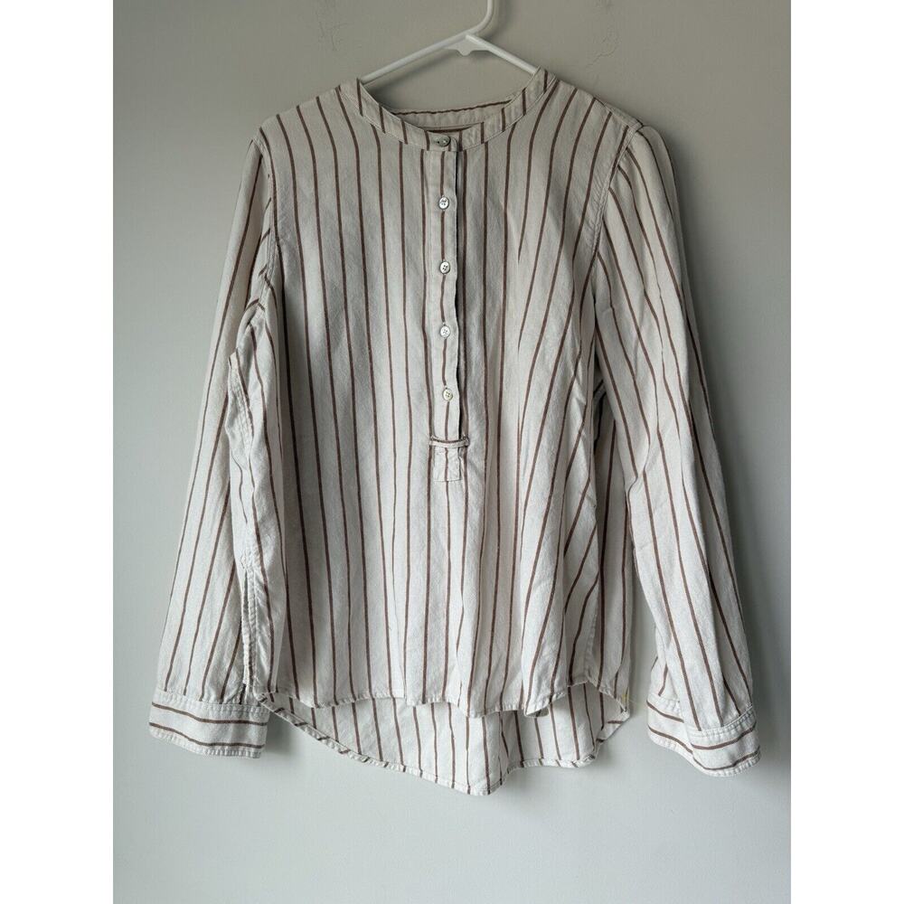 FAHERTY Womens Legend Linen Blend Shirt Size L White Ivory Striped Flannel